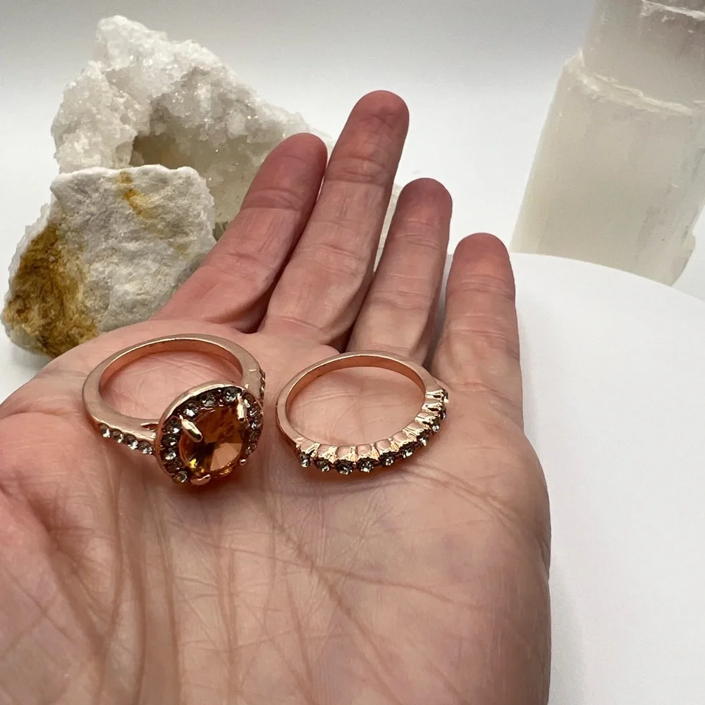 Boho Style Set of‎ 2 Rose Gold Color Ring W/ Crystals & Champagne Stone SZ 7